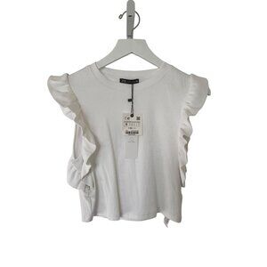 Zara White Sleeveless Ribbed Ruffle Detail Crop Top